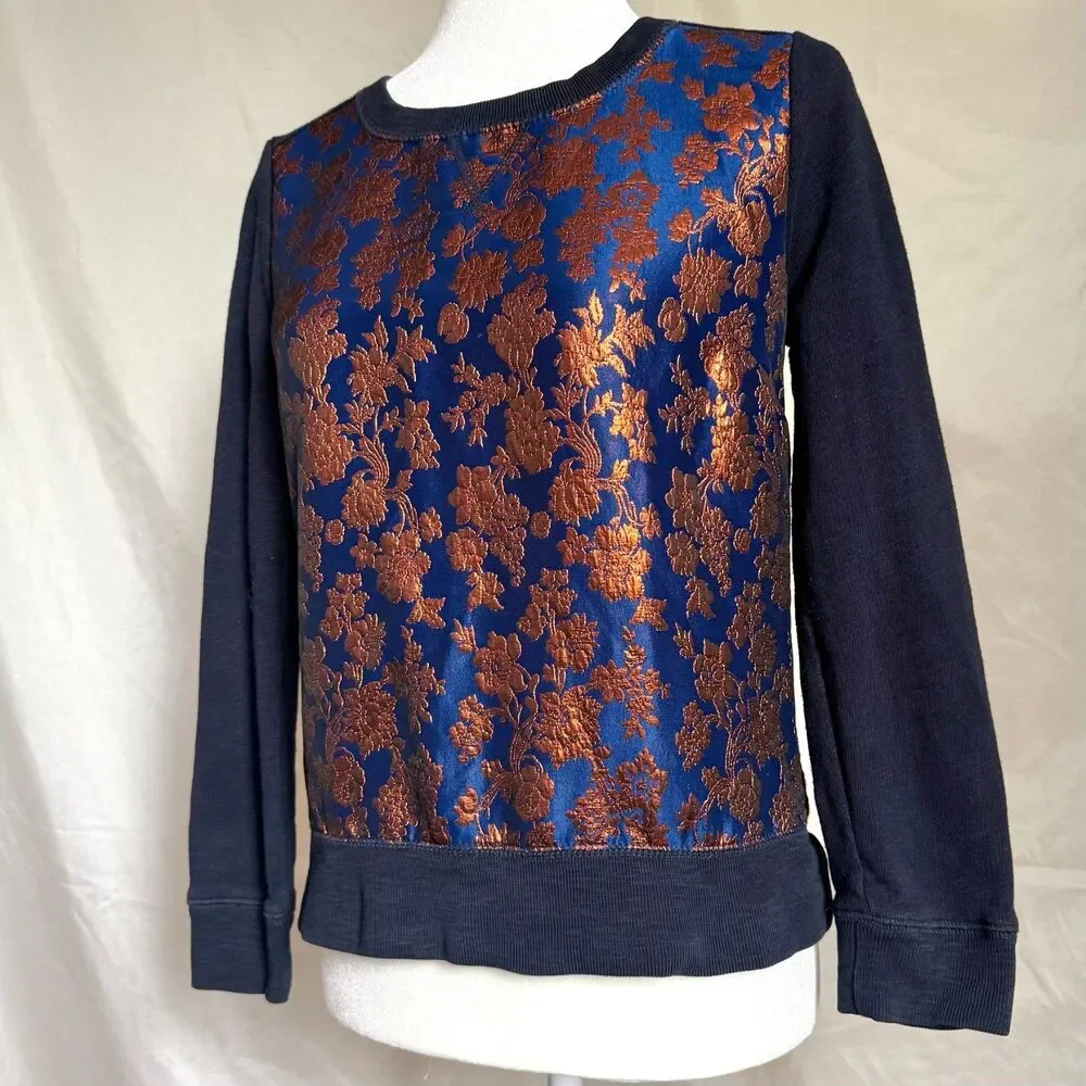 J Crew sweatshirt womens XS blue copper metallic floral holiday statement